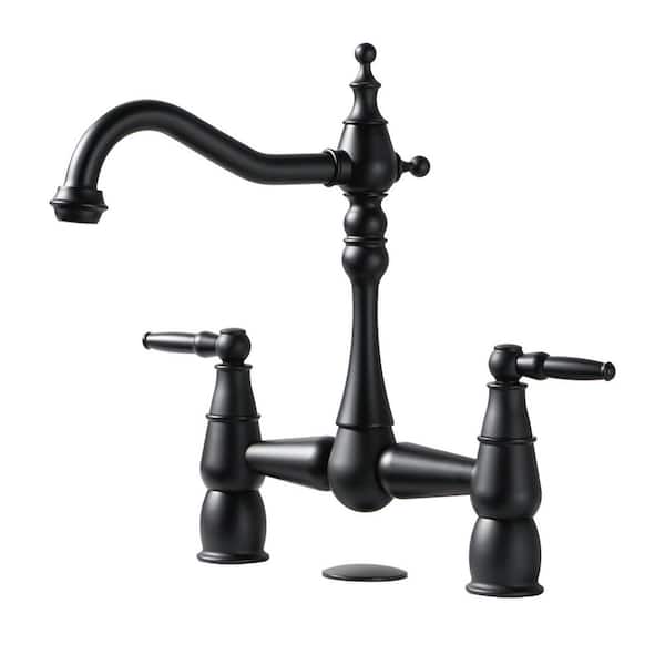8 in. Centerset Double Handle Brass Elegant Bridge Kitchen Faucet with Sink Hole Cover in Matte Black