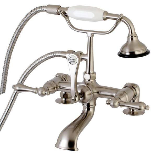 Kingston Brass Aqua Vintage 3-Handle Deck-Mount Clawfoot Tub Faucets with Hand Shower in Brushed Nickel