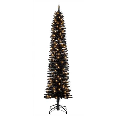 7 ft. Pencil Artificial Tree in Black with Warm White LED Lights