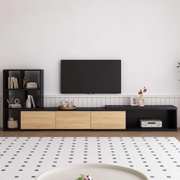 Polibi Modern Black TV Stand Fits TV's Up to 110 in. with 3 Tier Bookshelves, Storage Cabinets