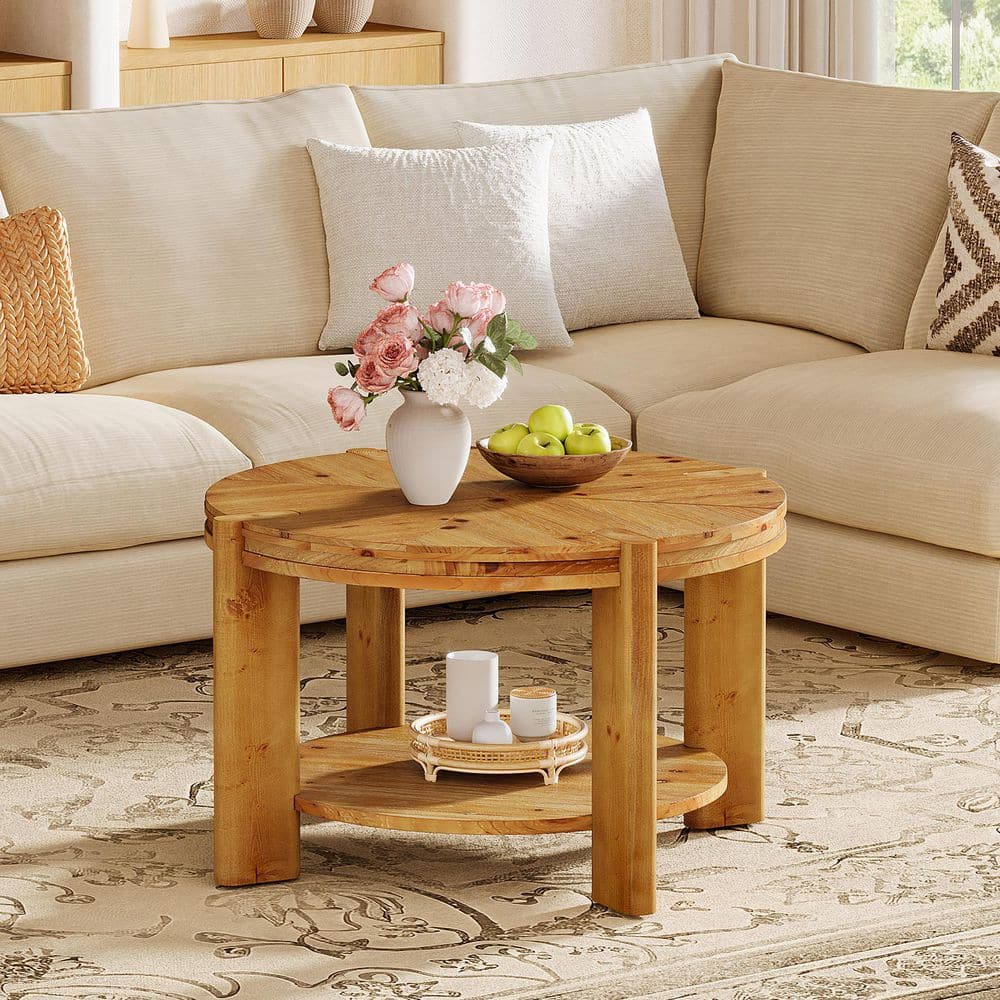 Kerlin 29 in. Rustic Brown Round Wood Coffee Table with 2-Tier Shelf