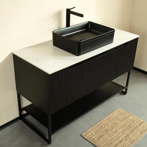 Liory 47.64 in. Single Ceramic Sink Freestanding Black Bath Vanity with White Sintered Stone Counter Top