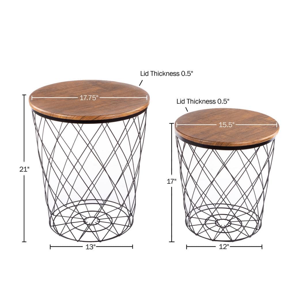 Rustic Brown and Black 24" Round Wood and Metal Nesting End Tables with Storage - Set of 2