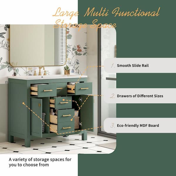 FAMYYT 36 in. Single Sink Freestanding Green Solid Wood Framed