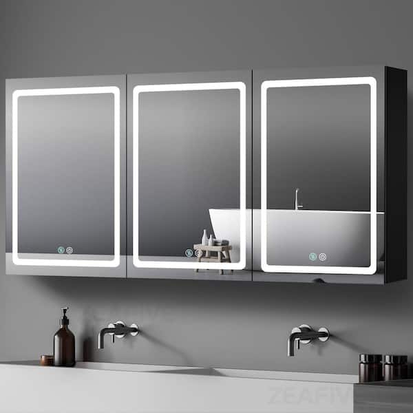 Zeafive 60 in. W x 30 in. H Surface Mount Rectangular Black Aluminum Defogging Bathroom Medicine Cabinet with Mirror and Lights