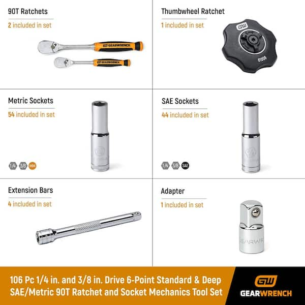 1/4 in. and 3/8 in. Drive 6-Point Standard & Deep SAE/Metric 90-Tooth Ratchet and Socket Mechanics Tool Set (106-Piece)