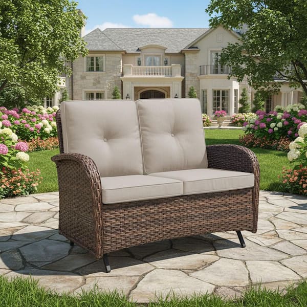 2-Person Wicker Patio Outdoor Glider with Cushion Guard Beige Cushions
