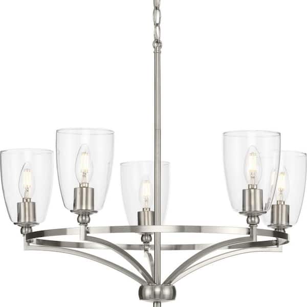 Progress Lighting Parkhurst 25.25 in. 5-Light Brushed Nickel New Traditional Chandelier with Clear Glass Shades for Dining Room