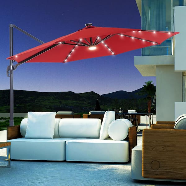 JOYESERY 11 ft. Round Cantilever LED Umbrella For Your Outdoor Space - 240 g Solution-Dyed Fabric, Aluminum Frame in Rust Red