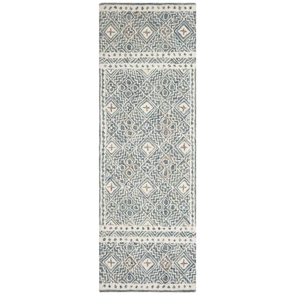 Micro-Loop 2 ft. x 7 ft. Blue/Ivory Geometric Runner Rug