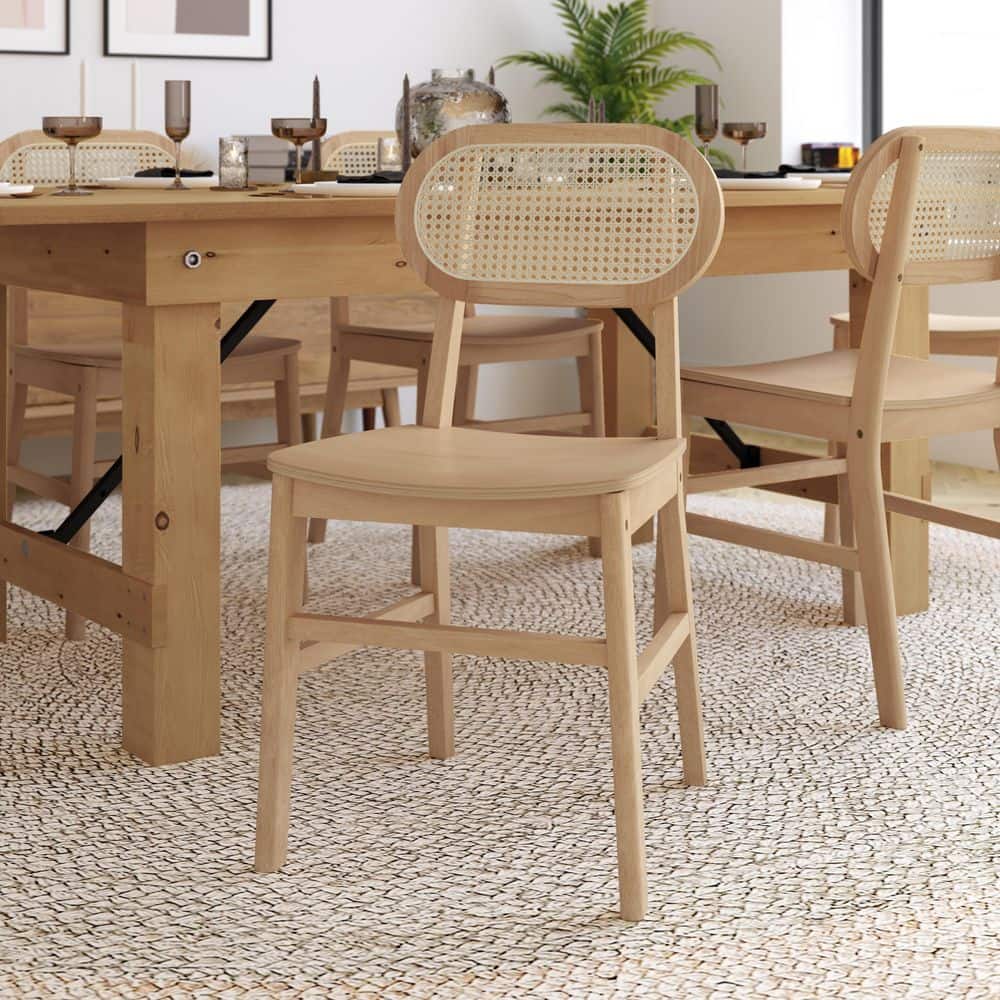 Natural Wood and Cane High Back Dining Chairs, Set of 2