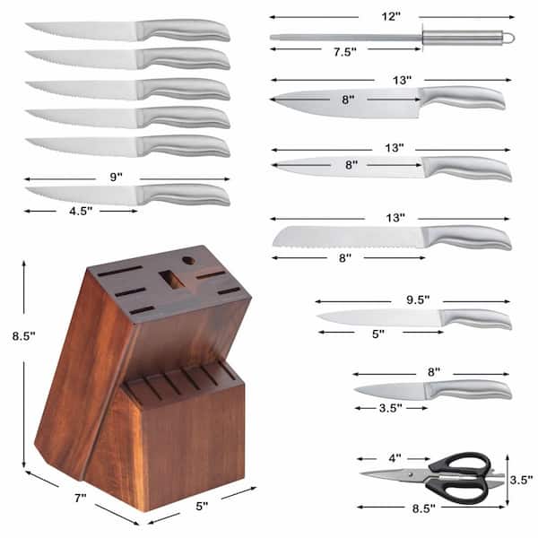Bunpeony 14-Piece Stainless Steel Knife Set with Block, Sharpener and  Kitchen Shears SCF072 - The Home Depot