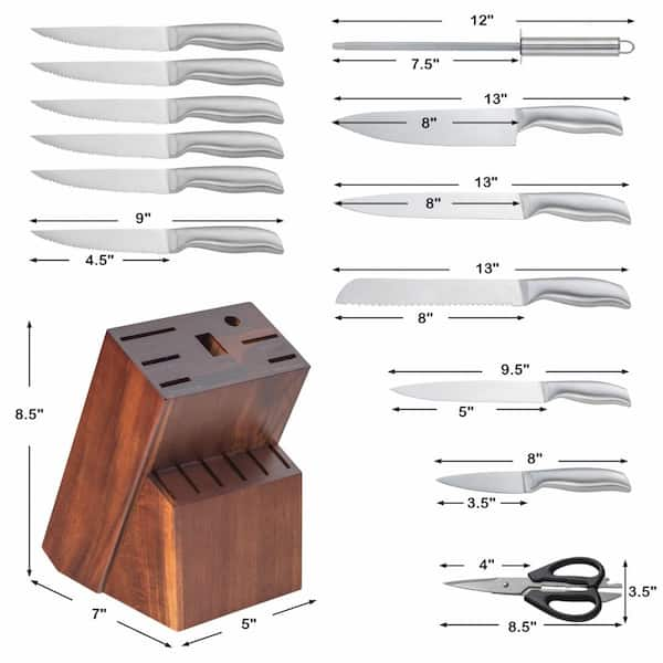 Bunpeony 14-Piece Stainless Steel Knife Set with Block, Sharpener