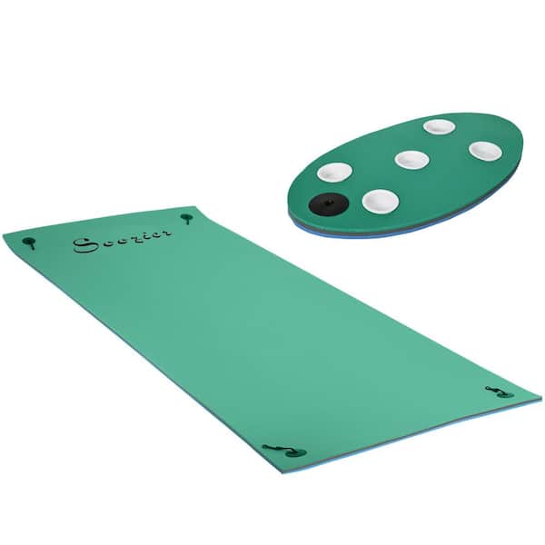 Huluwat Green 12 ft. x 5 ft. 3-Layer Portable Roll-Up Water Mat Float with Cup Holder Table