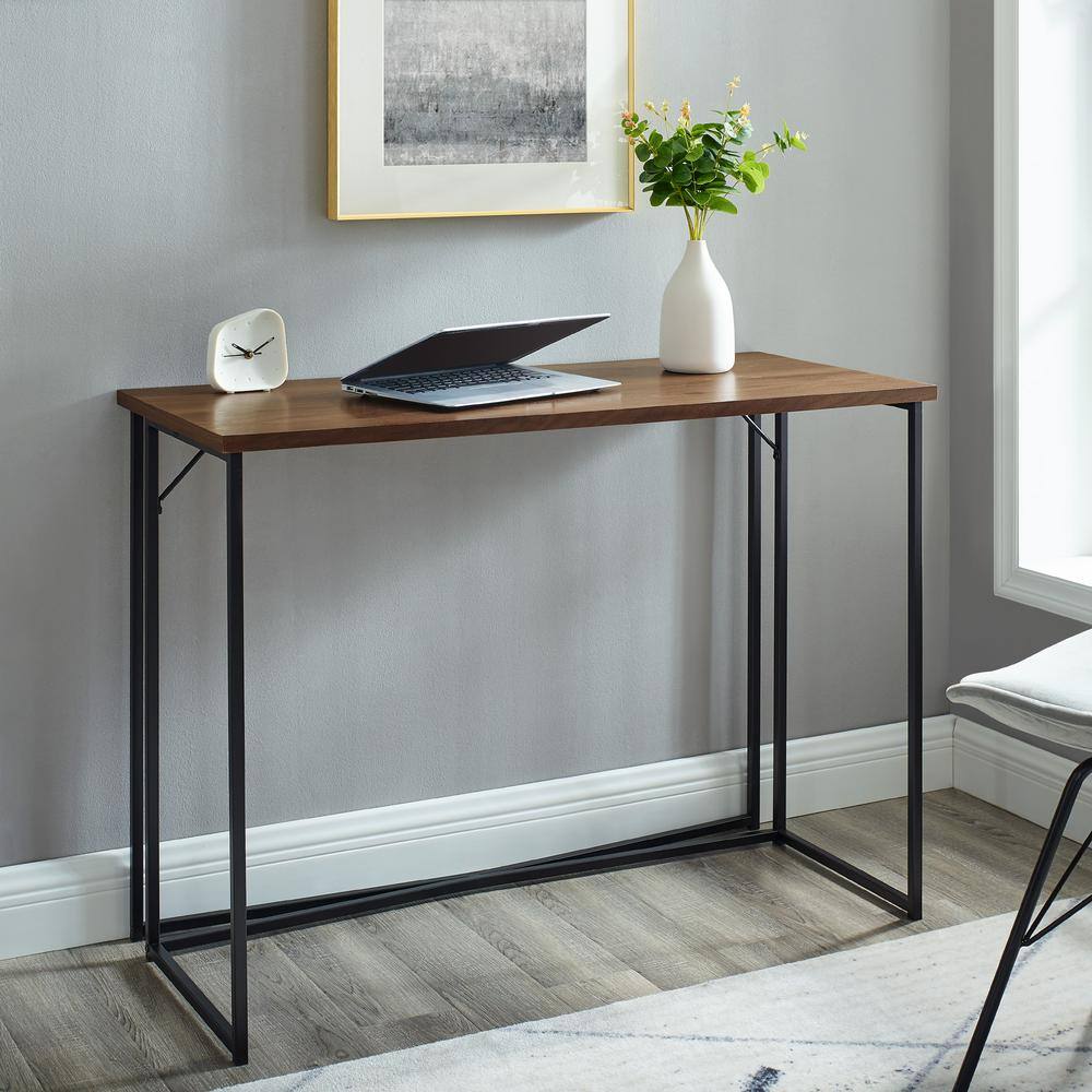 Dark Walnut and Black Metal Y-Leg Writing Desk