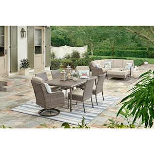 Windsor 7-Piece Brown Wicker Rectangular Outdoor Dining Set with CushionGuard Biscuit Tan Cushions