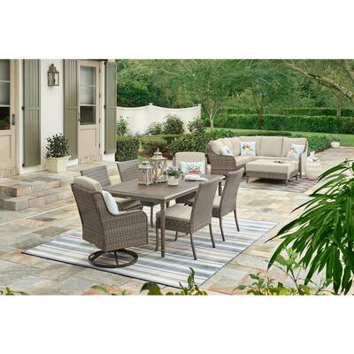 Windsor 7-Piece Brown Wicker Rectangular Outdoor Dining Set with CushionGuard Biscuit Tan Cushions