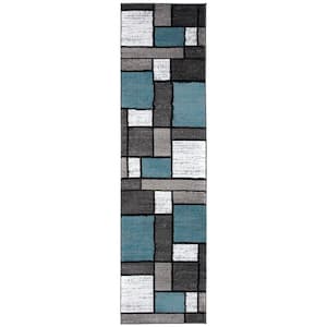 Contemporary Geometric Boxes Blue/Gray Indoor Runner 2 ft. x 7 ft. 2 in. Runner Rug