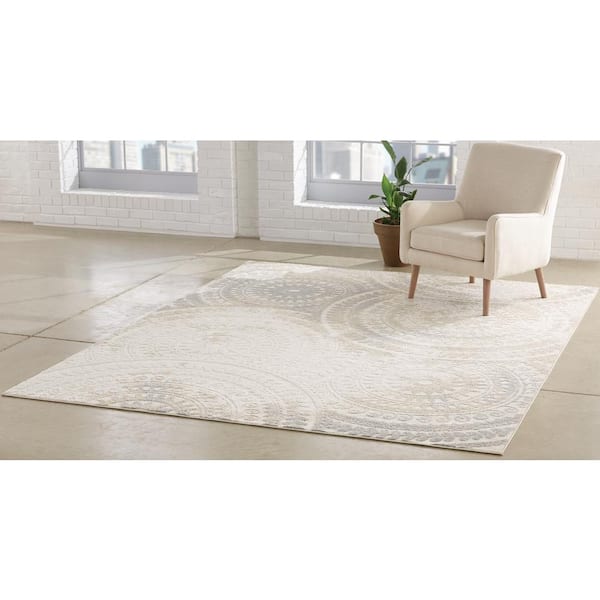 Spiral Medallion Geometric Ivory 2 ft. x 7 ft. Rectangle Indoor Runner Rug