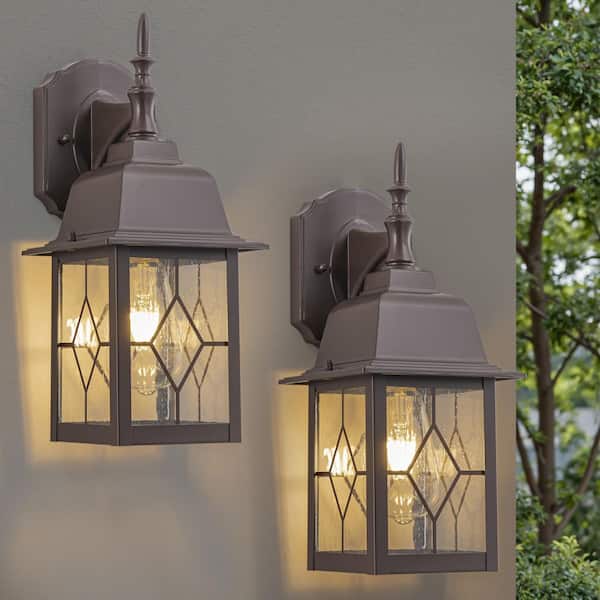 14 in. Oil-rubbed Bronze Aluminum Outdoor Hardwired Wall Lantern Sconce with Clear Tempered Seeded Glass (2-Pack)