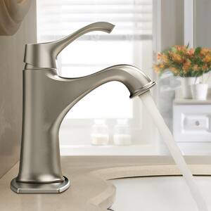 1-Handle Low-Arc 1-Hole Bathroom Faucet with Deckplate Included and Drain Kit Included in Brushed Nickel