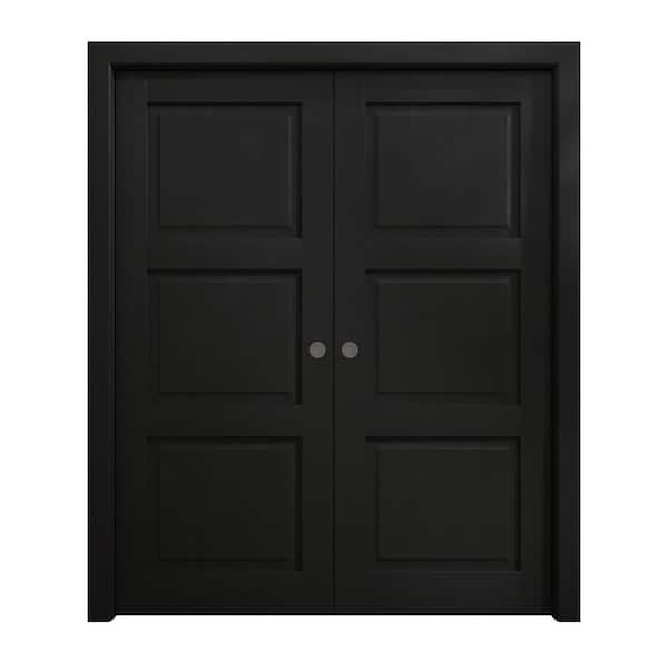 Sartodoors 84 in. x 96 in. Painted Black Oak Solid Wood Double Pocket Doors With Hardware