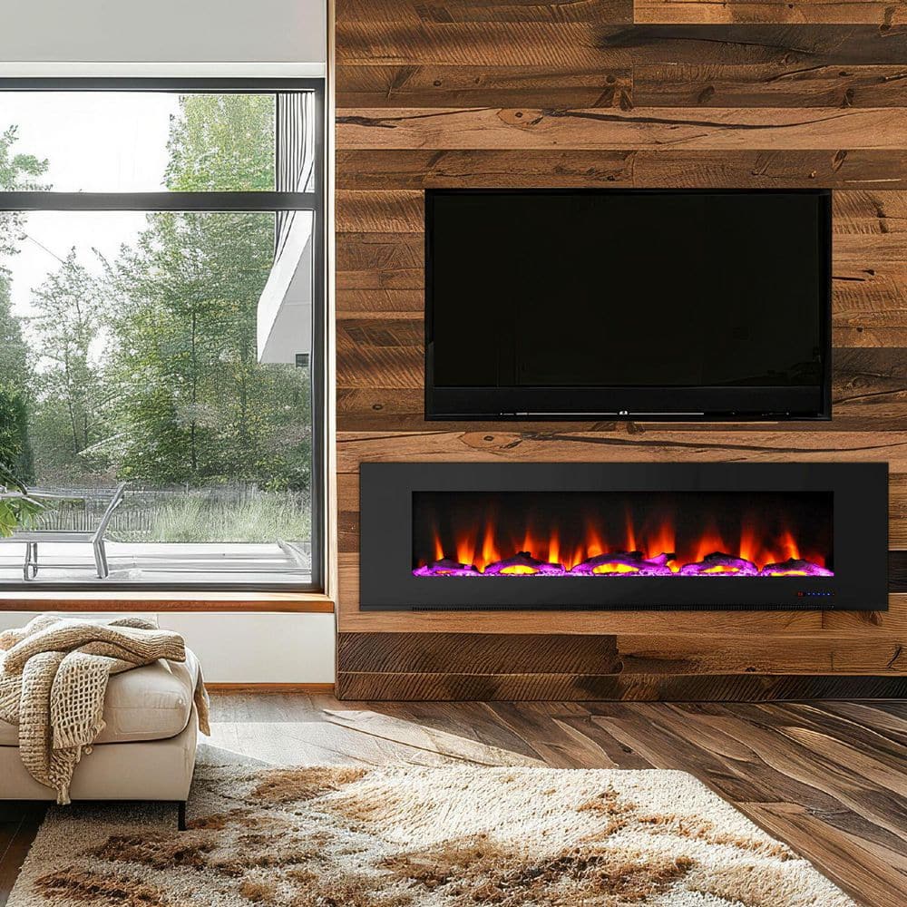 72-Inch Black Wall Mount Electric Fireplace with Multicolor LED Flames