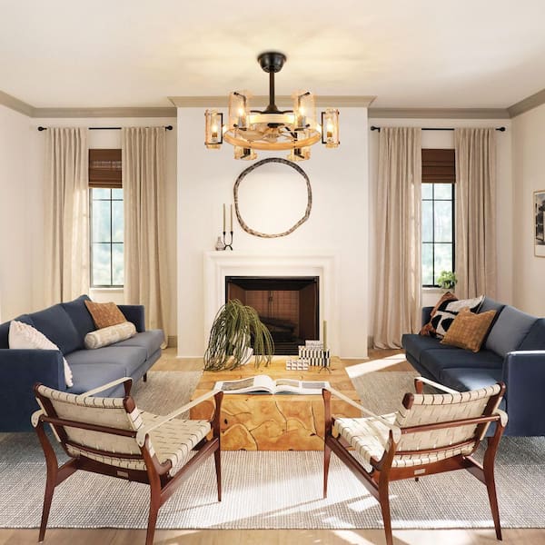 Natividad 26.4 in. 6-Light Farmhouse Black Wood Finish Drum Ceiling Fan with Amber Resin Shades