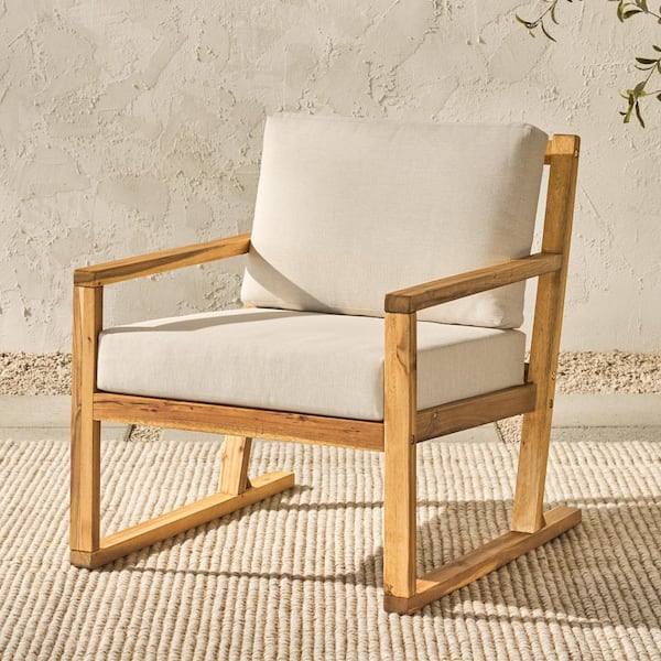 Walker Edison Furniture Company Natural Slatted Wood Modern Outdoor Lounge Chair with Bisque Cushions
