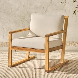 Natural Slatted Wood Modern Outdoor Lounge Chair with Bisque Cushions