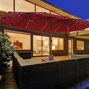 15 ft. Twin Patio Double-Sided Steel Market 48 Solar LED Lights Crank Patio Umbrella in Wine