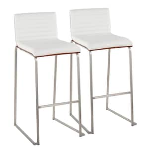 Mason Mara 30.75 in. White Faux Leather and Stainless Steel Metal High Back Bar Stool w/Walnut Wood Seat Back (Set of 2)
