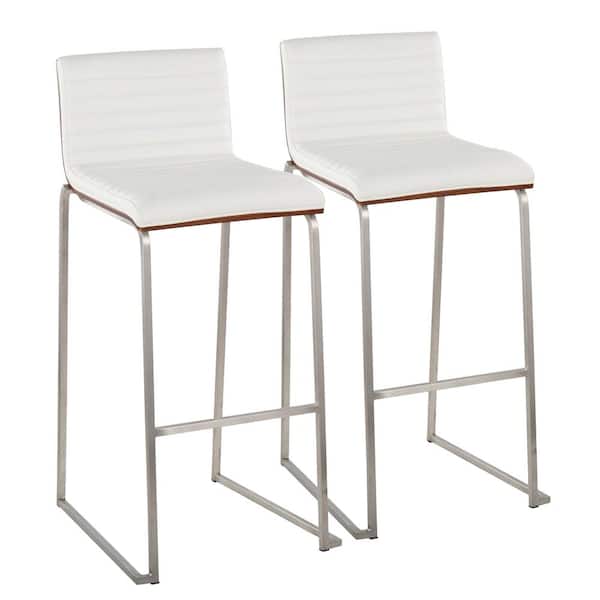 Lumisource Mason Mara 30.75 in. White Faux Leather and Stainless Steel Metal High Back Bar Stool w/Walnut Wood Seat Back (Set of 2)