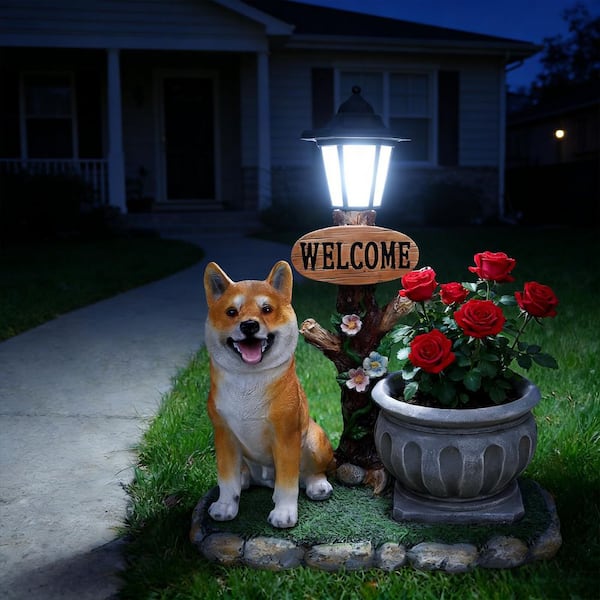 GOGEXX Brown 16.54 in. x 19.69 in. Resin Sitting Akita Dog Planter
