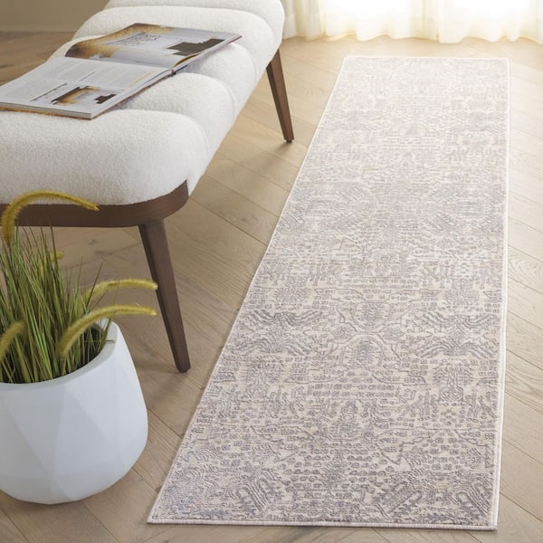 Martha Stewart Sabrina 3 ft. x 10 ft. Light Gray/Beige Distressed Ornate Runner Rug