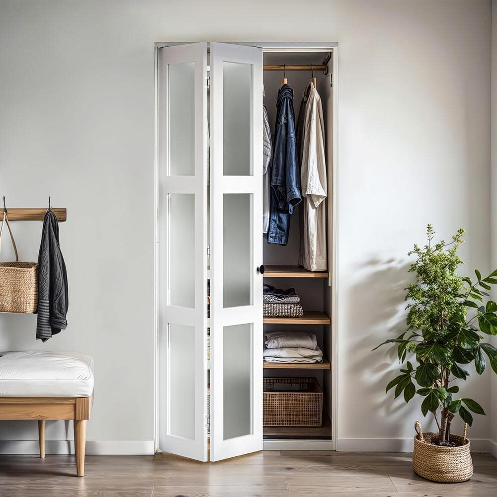 24 in. White MDF Bi-Fold Door with Frosted Glass Panels