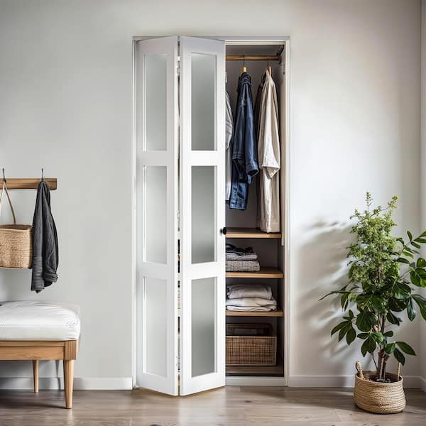 32 in. x 78 in. 3-Lite Tempered Frosted Glass Solid Core White Finished MDF Interior Closet Bi-Fold Door w/ Hardware Kit