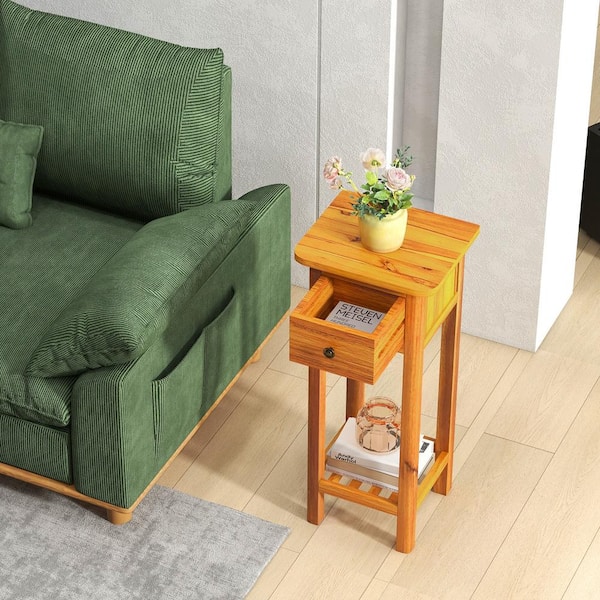 14 in. W x 31 1/2 in. H Brown Wood 2 Tier End Side Table Nightstand with Drawer