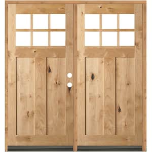 64 in. x 80 in. Craftsman Knotty Alder Left-Hand/Inswing Double 6-Lite Clear Glass Unfinished Wood Prehung Front Door
