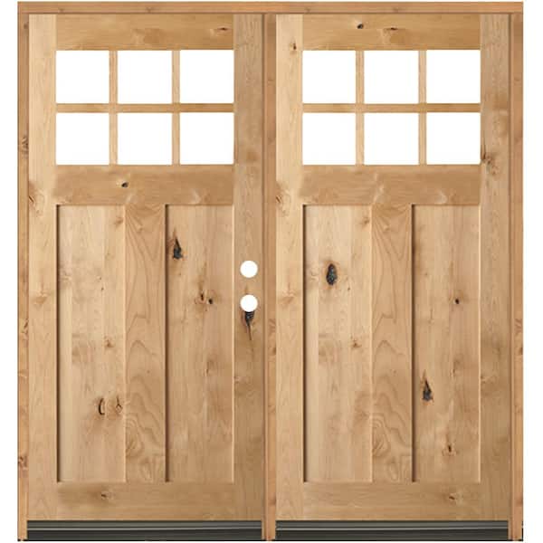 Krosswood Doors 64 in. x 80 in. Craftsman Knotty Alder Right-Hand/Inswing Double 6-Lite Clear Glass Unfinished Wood Prehung Front Door