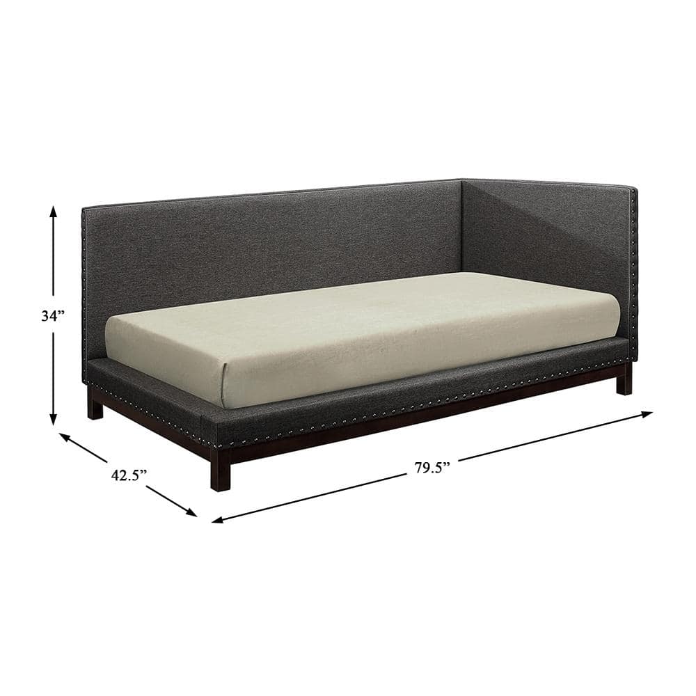 Twin Dark Gray Upholstered Wood Frame Daybed with Nailhead Trim