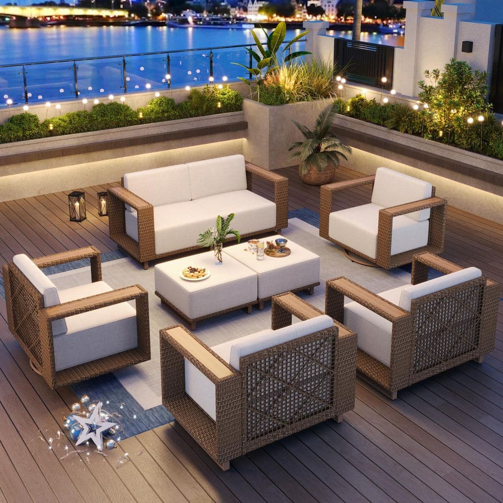 Brown Rattan Wicker 8 Seat 8-Piece Steel Outdoor Sectional Set with Beige Cushions,2 Swivel Chairs and 2 Ottomans