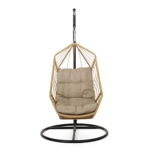 Purvis 80 in. Light Brown Wicker Outdoor Hanging Chair with Tan Cushion and Stand