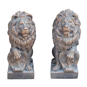 21 in. Tall Bronze Magnesium Lion Sentry Garden Statues with Fleur-De-Lis Harold and Leo (Set of 2)