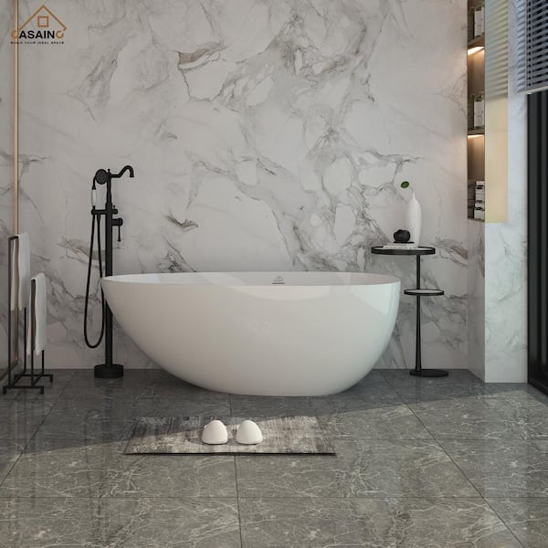 CASAINC 59 in. Stone Resin Flatbottom Solid Surface Freestanding Non-Whirlpool Egg Shaped Soaking Bathtub in Glossy White
