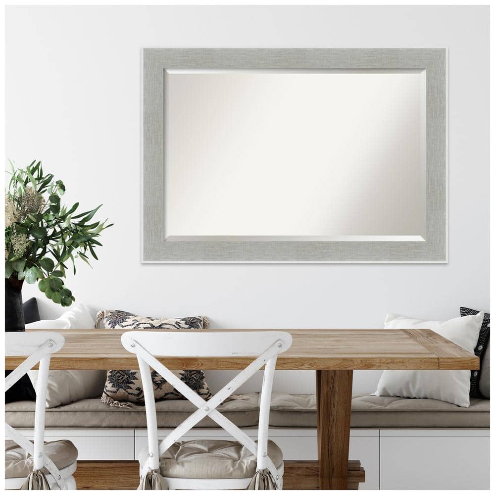 Glam Linen Grey Rectangular Wood Framed Wall Mirror