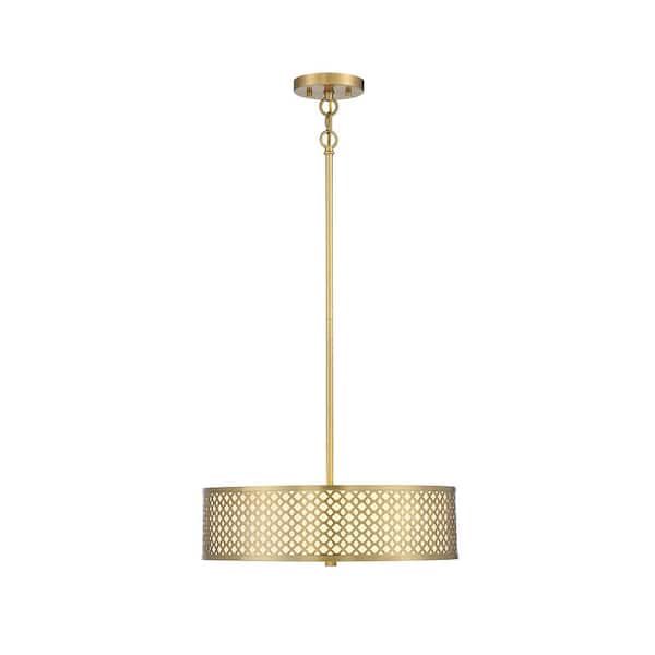 TUXEDO PARK LIGHTING 18 in. W x 5 in. H 3-Light Natural Brass Shaded Pendant Light with Fabric Shade