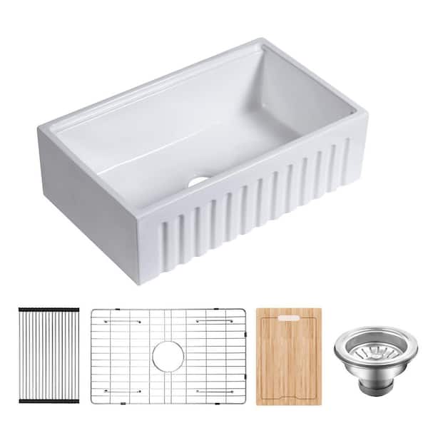 30 in. Farmhouse Single Bowl Ceramic White Kitchen Sink with Bottom Grids