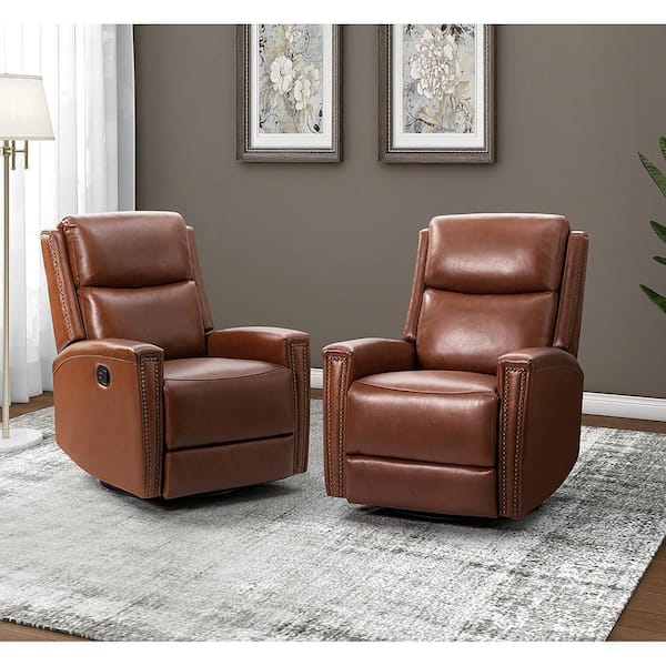 JAYDEN CREATION Joseph Genuine Leather Swivel BROWN Manual Recliner with  Wooden Arm Accents and Straight Tufted Back Cushion (Set of 2)  RCCZ0827-BRN-S2 - The Home Depot