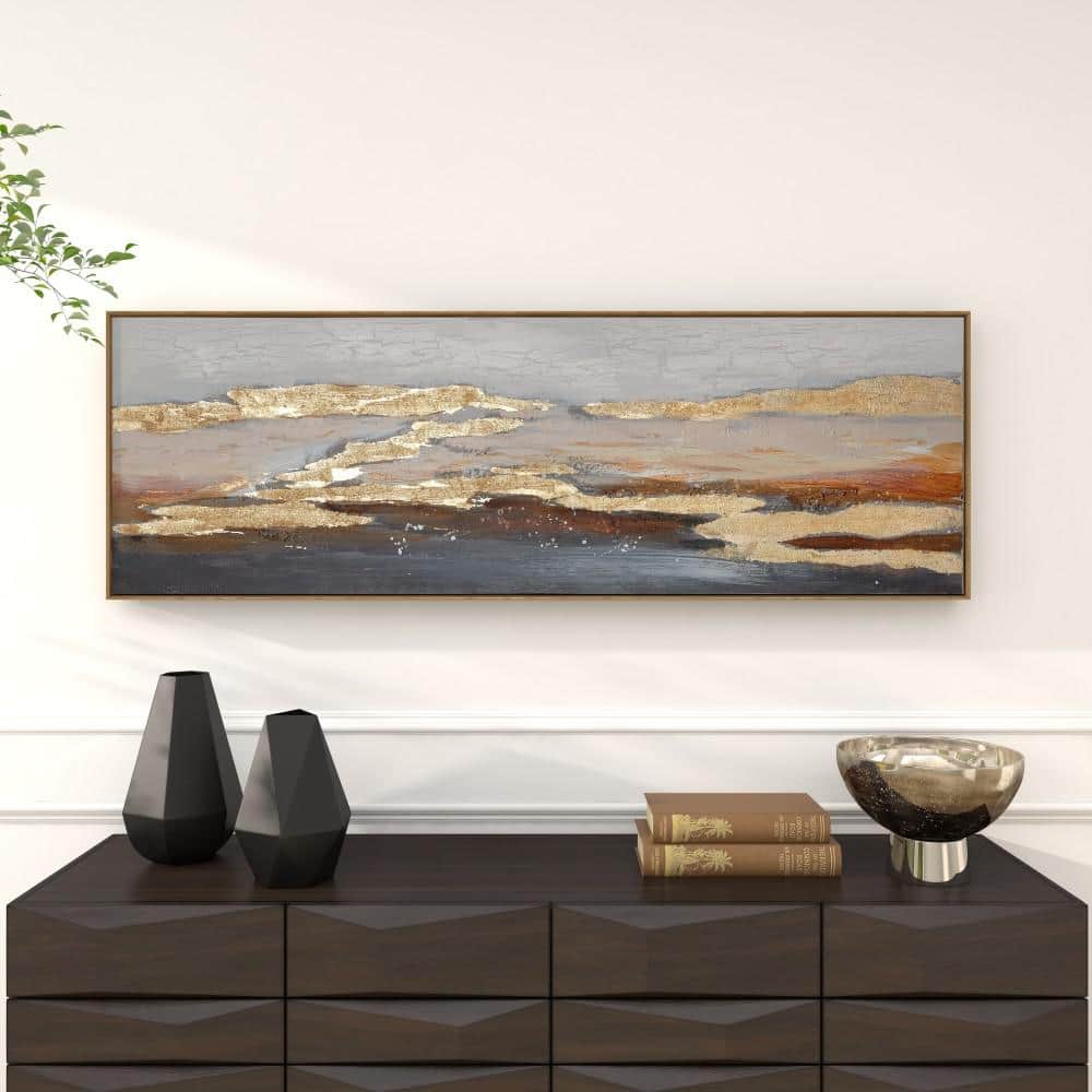 59" x 20" Gold and Beige Abstract Acrylic Landscape Painting on Canvas